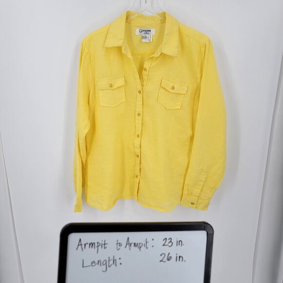 Giorgiana by Naji Top Womens Large Yellow Linen Button Up Roll Tab Sleeves - Picture 12 of 12